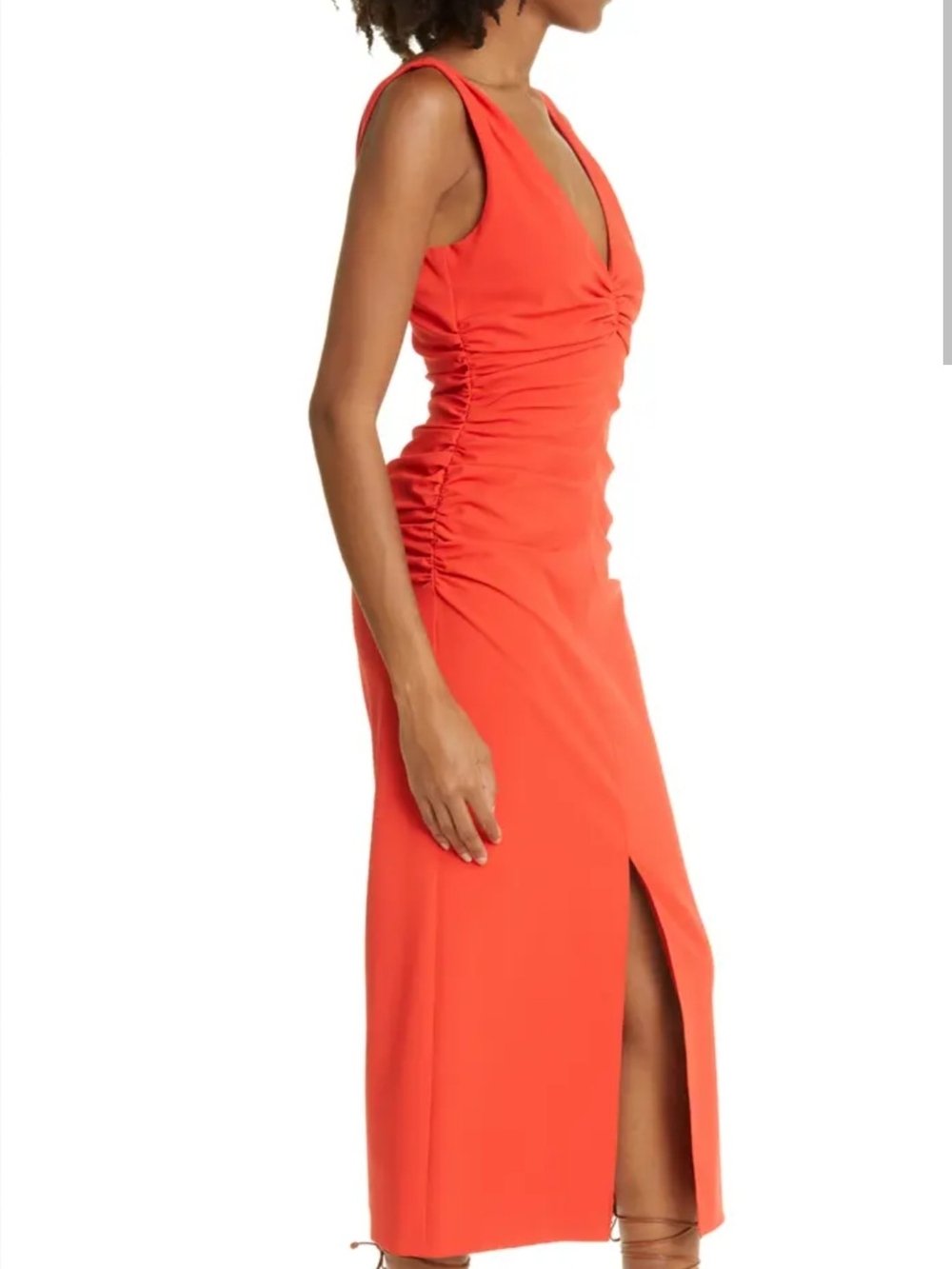CInq A Sect  LEONNA Ruched V-Neck Orange Midi Dress with Front Slit
